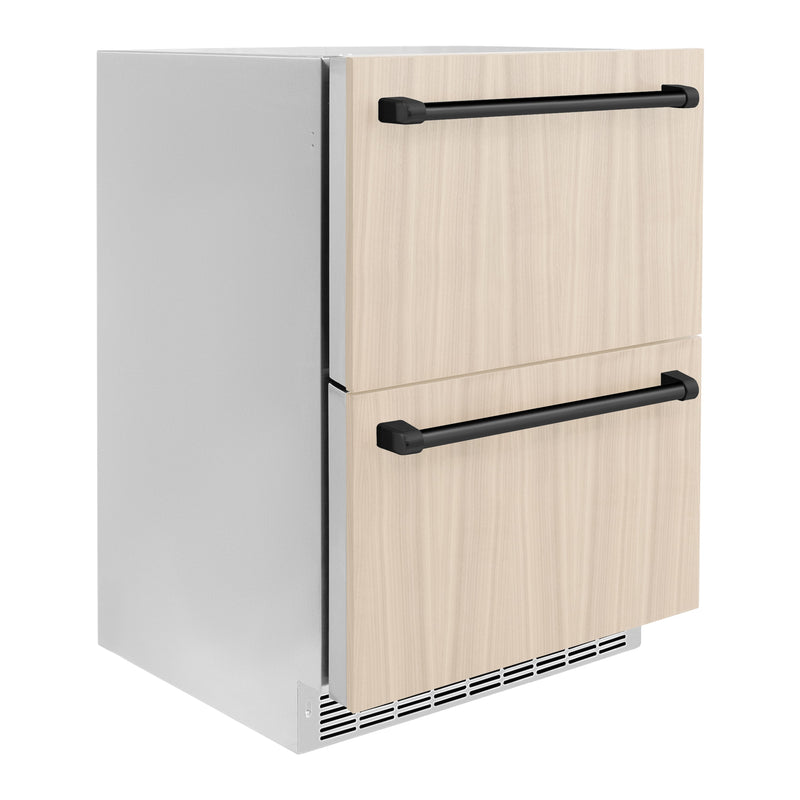ZLINE Autograph 24" Touchstone 168 Can Outdoor-Rated Refrigerator Drawer with Panel Ready Doors and 2 Matte Black Handles, RDSPOZ-24-MB