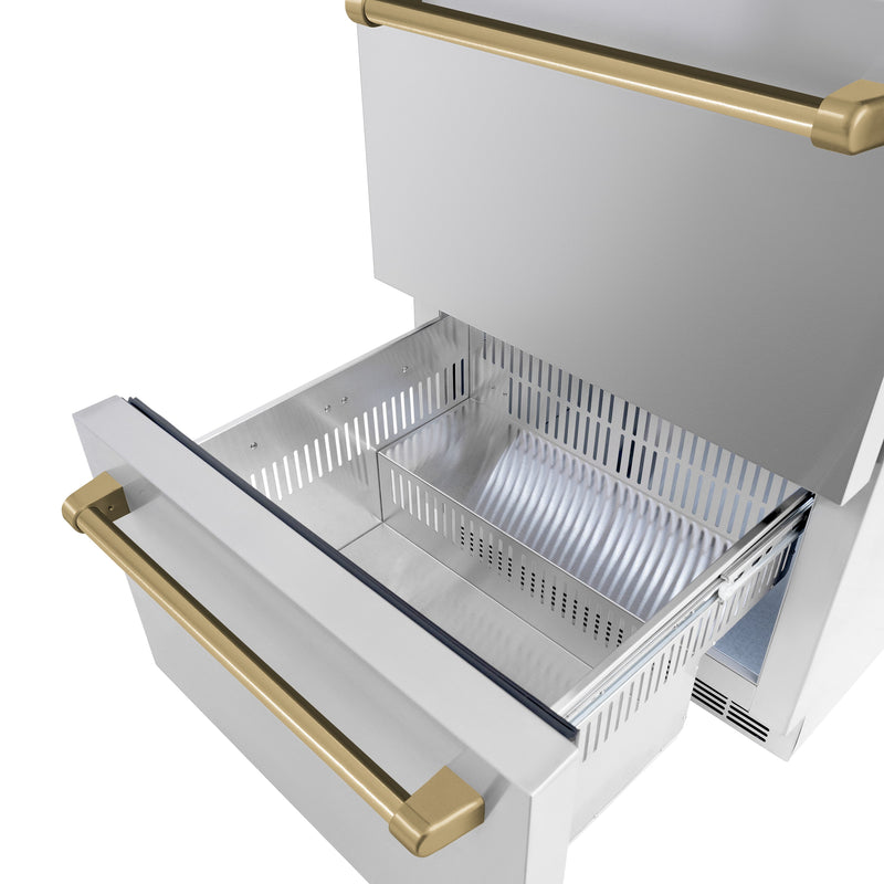 ZLINE Autograph 24" Touchstone 168 Can Outdoor-Rated Refrigerator Drawer with Stainless Steel Doors and Champagne Bronze Handles, RDSOZ-ST-24-CB