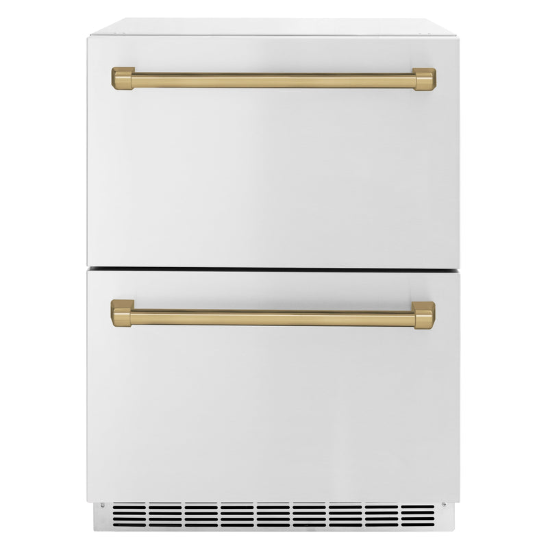 ZLINE Autograph 24" Touchstone 168 Can Outdoor-Rated Refrigerator Drawer with Stainless Steel Doors and Champagne Bronze Handles, RDSOZ-ST-24-CB