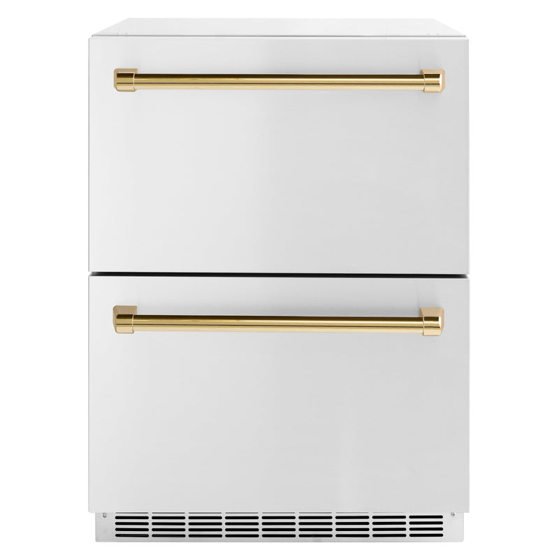 ZLINE Autograph 24" Touchstone 168 Can Outdoor-Rated Refrigerator Drawer with Stainless Steel Doors and Polished Gold Handles, RDSOZ-ST-24-G