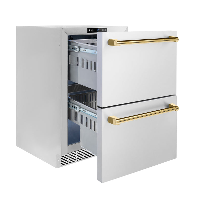 ZLINE Autograph 24" Touchstone 168 Can Outdoor-Rated Refrigerator Drawer with Stainless Steel Doors and Polished Gold Handles, RDSOZ-ST-24-G