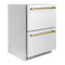 ZLINE Autograph 24" Touchstone 168 Can Outdoor-Rated Refrigerator Drawer with Stainless Steel Doors and Polished Gold Handles, RDSOZ-ST-24-G
