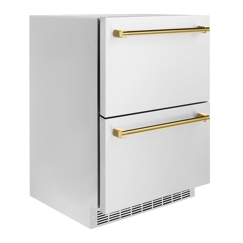 ZLINE Autograph 24" Touchstone 168 Can Outdoor-Rated Refrigerator Drawer with Stainless Steel Doors and Polished Gold Handles, RDSOZ-ST-24-G