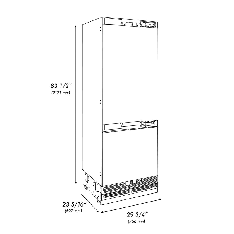 ZLINE 30 In. 16.1 cu. ft. Panel Ready Built-In 2-Door Bottom Freezer Refrigerator with Internal Water and Ice Dispenser, RBIV-30