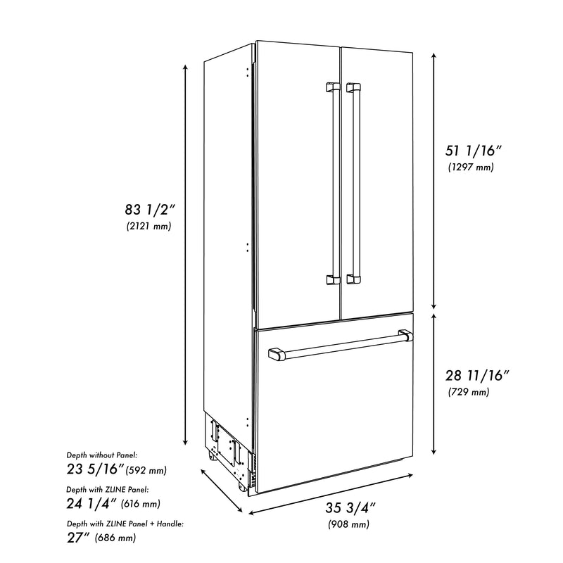 ZLINE 36 In. 19.6 cu. ft. Built-In 3-Door French Door Refrigerator with Internal Water and Ice Dispenser in Stainless Steel, RBIV-304-36