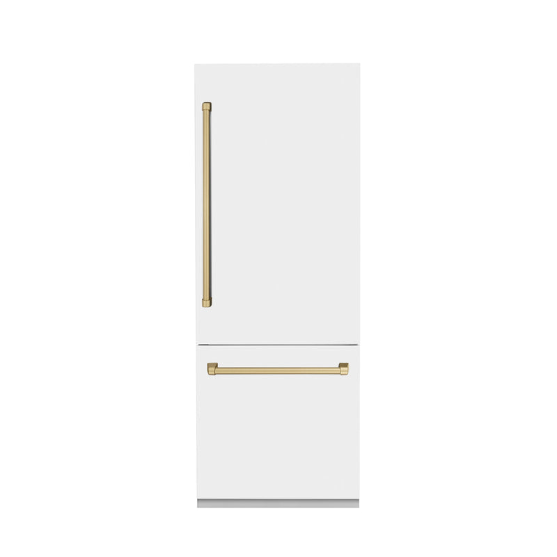 ZLINE 30 In. 16.1 cu. ft. Built-In Refrigerator with Internal Water and Ice Dispenser in White Matte with Champagne Bronze Accents, RBIVZ-WM-30-CB