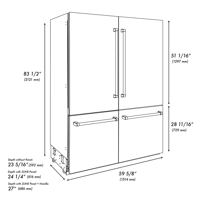 ZLINE 60 In. 32.2 cu. ft. Built-In Refrigerator with Internal Water and Ice Dispenser in White Matte with Matte Black Accents, RBIVZ-WM-60-MB