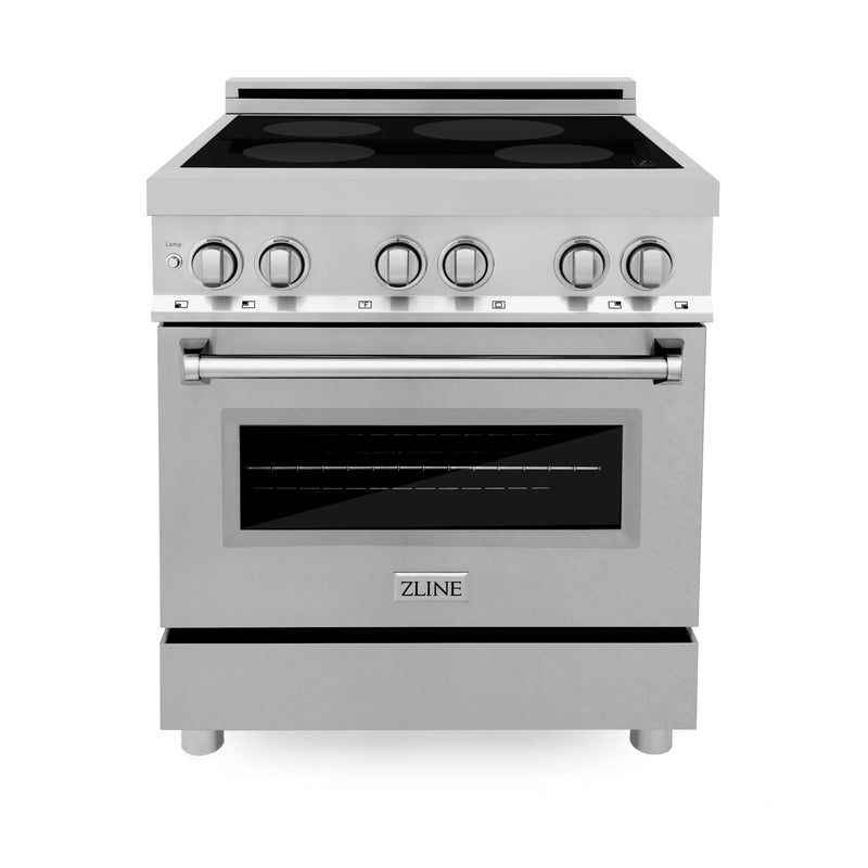 ZLINE 30" 4.0 cu. ft. Induction Range with a 4 Element Stove and Electric Oven in Durasnow and Fingerprint Resistant Stainless Steel, RAINDS-SN-30