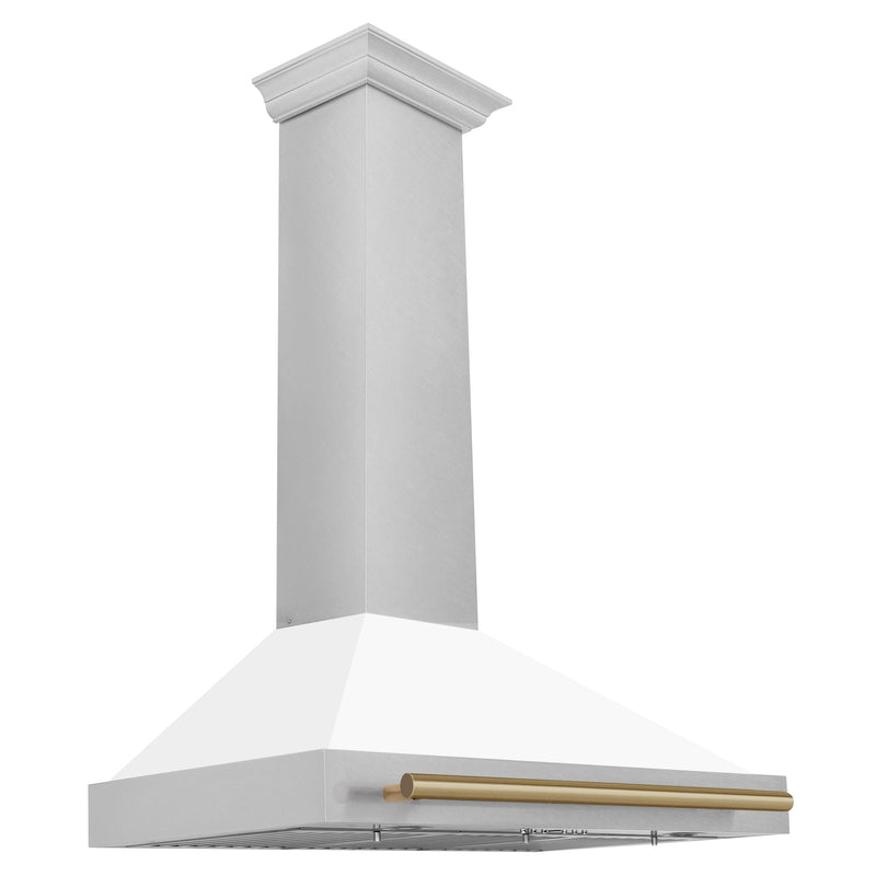 ZLINE 36" Autograph Edition Range Hood in DuraSnow® Stainless Steel with White Matte Shell and Champagne Bronze Handle, KB4SNZ-WM36-CB