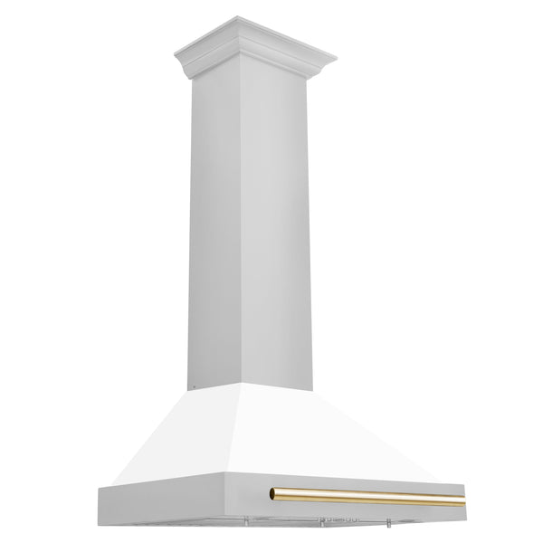 ZLINE 30 Inch Autograph Edition Stainless Steel Range Hood with White Matte Shell and Gold Handle, KB4STZ-WM30-G