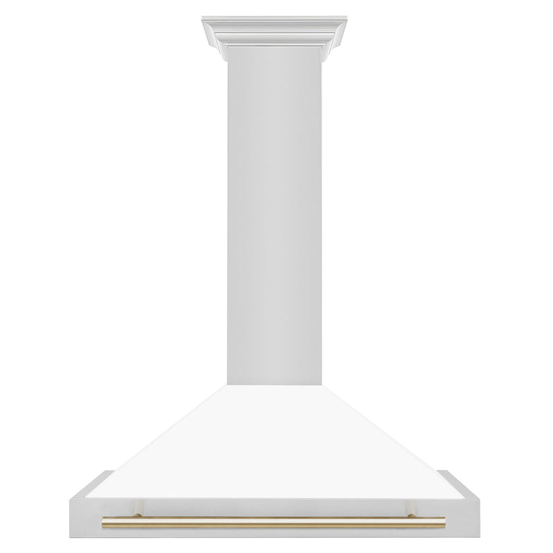 ZLINE 36 Inch Autograph Edition Stainless Steel Range Hood with a Matte White Shell and Gold Handle, KB4STZ-WM36-G