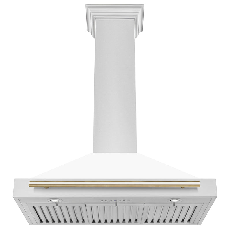 ZLINE 36 Inch Autograph Edition Stainless Steel Range Hood with a Matte White Shell and Gold Handle, KB4STZ-WM36-G