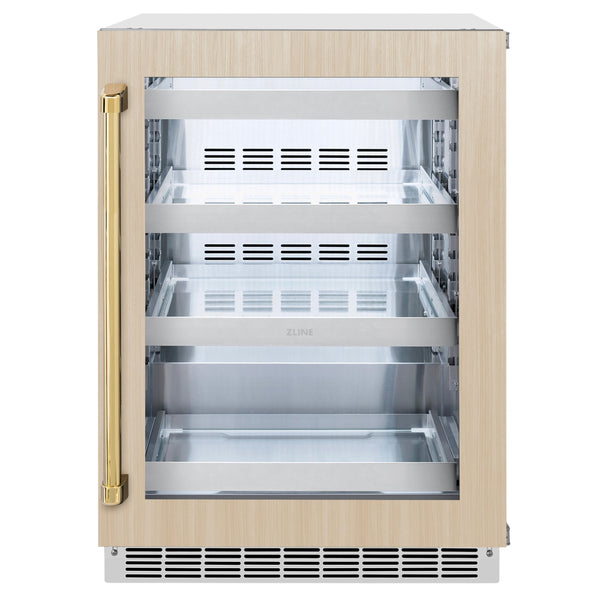 ZLINE Autograph 24" Touchstone 151 Can Beverage Fridge with Panel Ready Glass Door and Polished Gold Handle,  RBSPOZ-24-G
