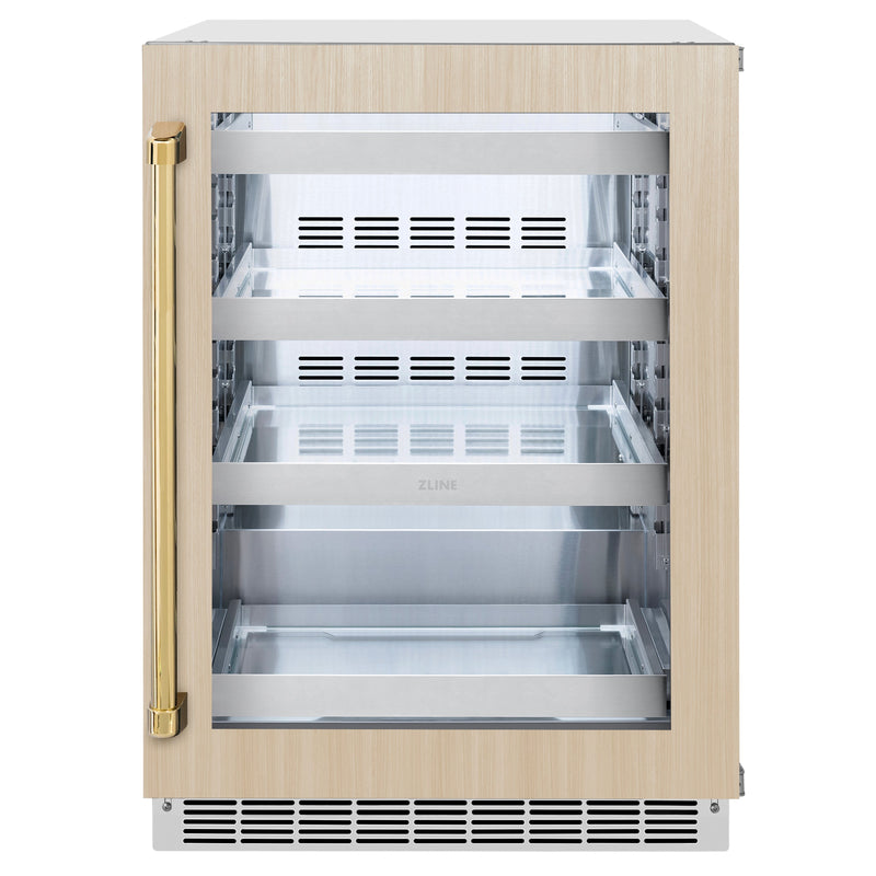 ZLINE Autograph 24" Touchstone 151 Can Beverage Fridge with Panel Ready Glass Door and Polished Gold Handle,  RBSPOZ-24-G