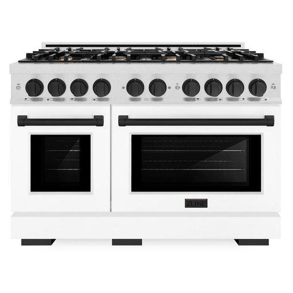 ZLINE Autograph 48" 6.7 cu. ft. Select Double Oven Dual Fuel Range with 8 Burners in DuraSnow® Stainless Steel with White Matte Doors and Matte Black Accents, HDRSZ-WM-48-MB