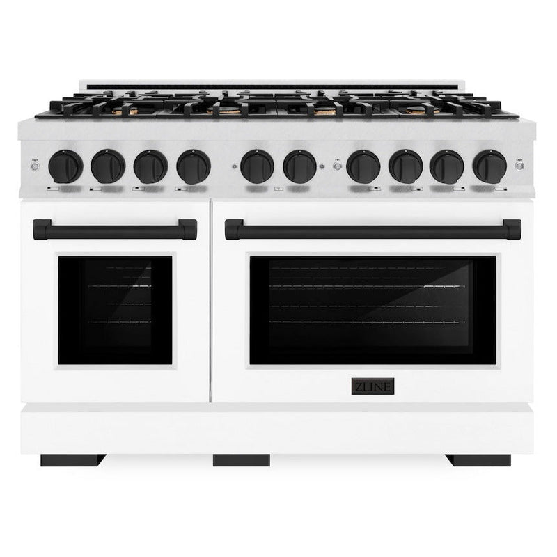 ZLINE Autograph 48" 6.7 cu. ft. Select Double Oven Dual Fuel Range with 8 Burners in DuraSnow® Stainless Steel with White Matte Doors and Matte Black Accents, HDRSZ-WM-48-MB