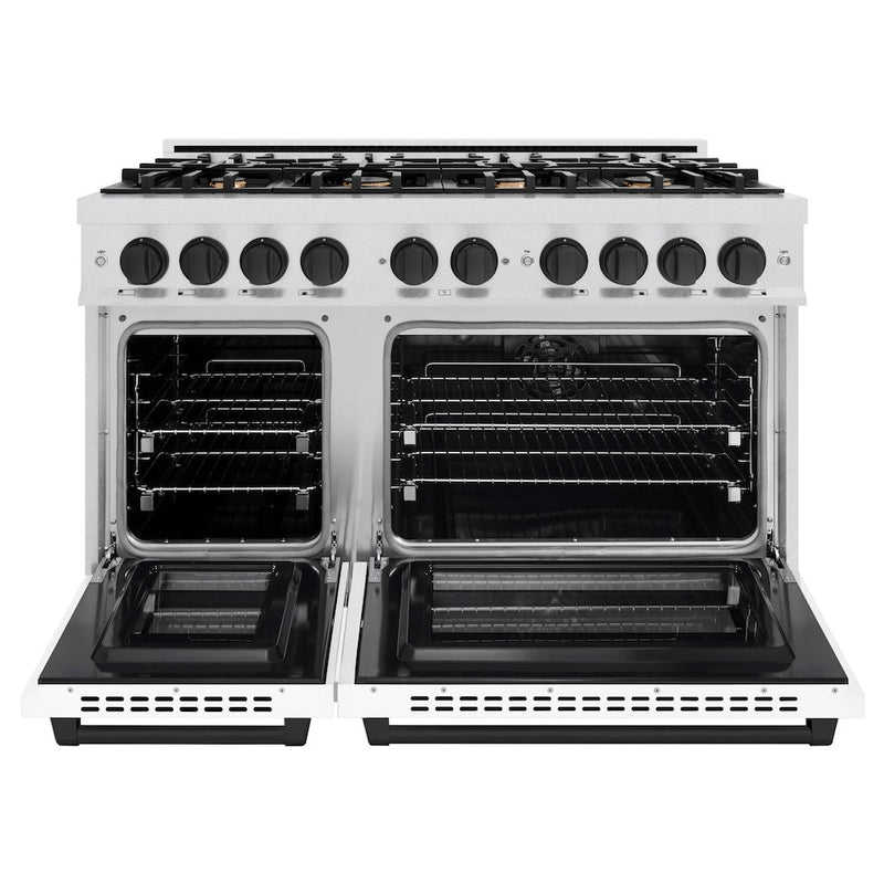 ZLINE Autograph 48" 6.7 cu. ft. Select Double Oven Dual Fuel Range with 8 Burners in DuraSnow® Stainless Steel with White Matte Doors and Matte Black Accents, HDRSZ-WM-48-MB