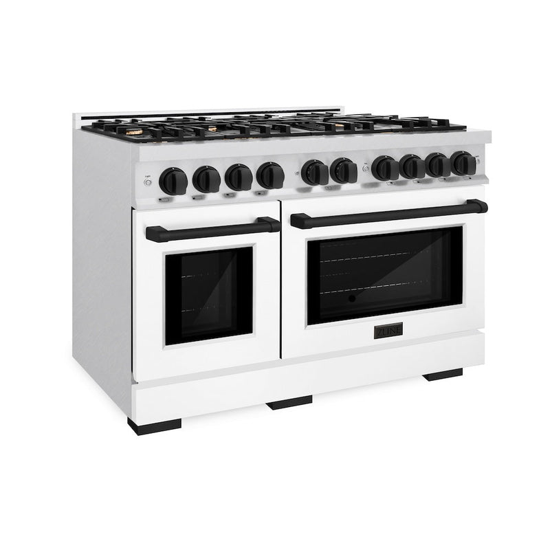 ZLINE Autograph 48" 6.7 cu. ft. Select Double Oven Dual Fuel Range with 8 Burners in DuraSnow® Stainless Steel with White Matte Doors and Matte Black Accents, HDRSZ-WM-48-MB