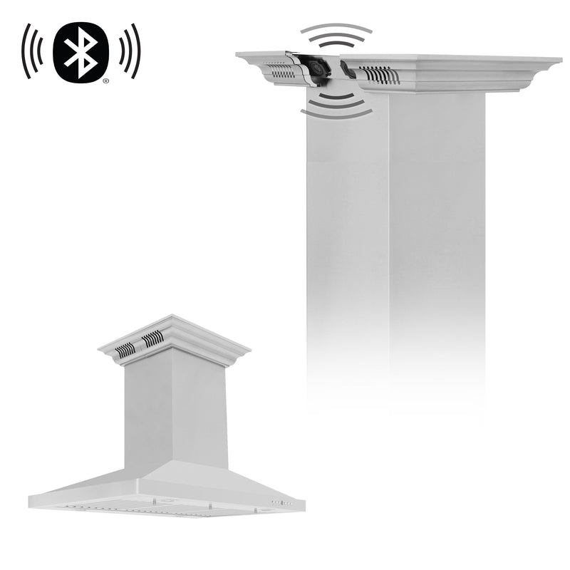 ZLINE 42" CrownSound Island Mount Range Hood in Stainless Steel with Built-in Speakers, GL2iCRN-BT-42