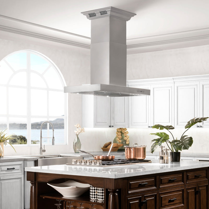 ZLINE 48 in. Island Mount Range Hood in Stainless Steel with Built-in CrownSound‚ Bluetooth Speakers, KE2iCRN-BT-48