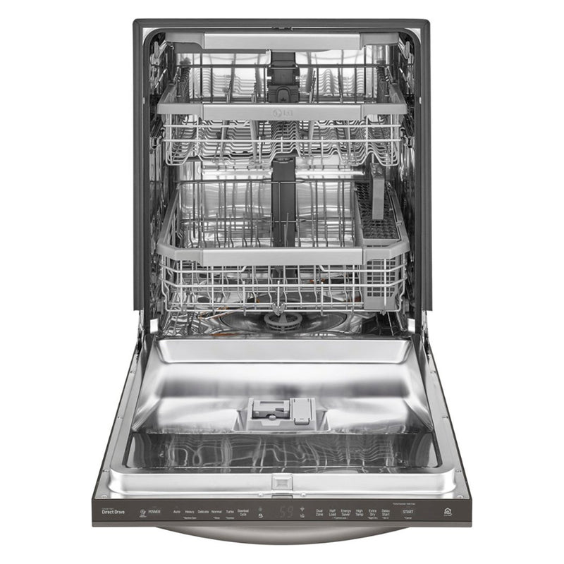 LG - 24" Top Control Smart Wi-Fi Enabled Dishwasher with QuadWash and Steel Tub with Light - PrintProof Black Stainless Steel - Appliances Club