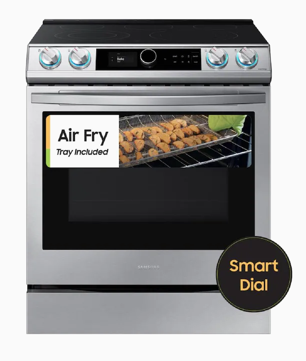 Samsung 30-in Smooth Surface 5 Elements 6.3-cu ft Self-Cleaning Air Fry Convection Oven Slide-In Electric Range (Fingerprint Resistant Stainless Steel)