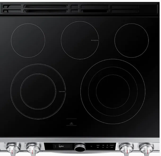 Samsung 30-in Glass Top 5 Elements 6.3-cu ft Self-Cleaning Air Fry  Convection Oven Slide-in Smart Electric Range (Fingerprint Resistant  Stainless Steel) in the Single Oven Electric Ranges department at