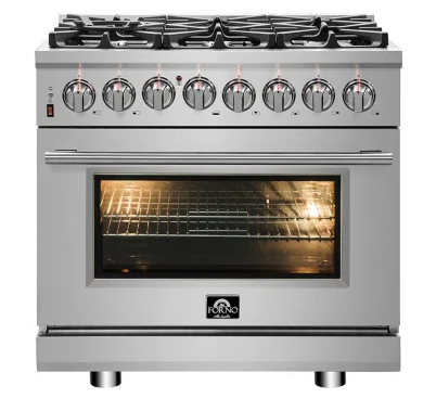Forno Pro-Style FFSGS612536 Professional Dual Fuel Range with 6 Italian Defendi urners, 5.36 Cu. Ft. Double Oven Capacity, Cast Iron Grates, True Convection Fan, Halogen Lighting, Telescoping Racks, and ETL Listed: 36 Inch Width