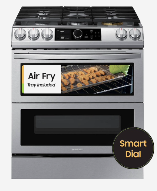 Samsung 30-in Standard 5 Burners 3.4-cu ft / 2.7-cu ft Self-cleaning Air Fry Convection Oven Slide-in Double Oven Dual Fuel Range (Fingerprint Resistant Black Stainless Steel)