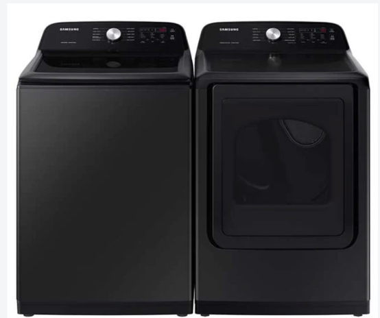 Samsung  4.9 cu. ft. Large Capacity Top Load Washer with ActiveWave™ Agitator and Deep Fill WITH 7.4 cu. ft. Electric Dryer with Sensor Dry in Brushed Black