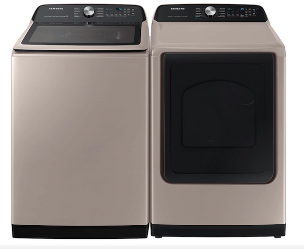 Samsung 5.2 cu  Smart Top Load Super Speed Wash Washer and Smart Steam Sanitize+ 7.4 cu Electric  Dryer package in Champagne