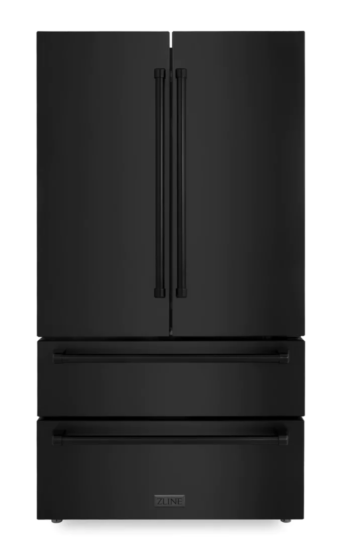 ZLINE Autograph Edition 36-Inch 22.5 cu. ft Freestanding French Door Refrigerator with Ice Maker in Black Stainless Steel with Gold Trim