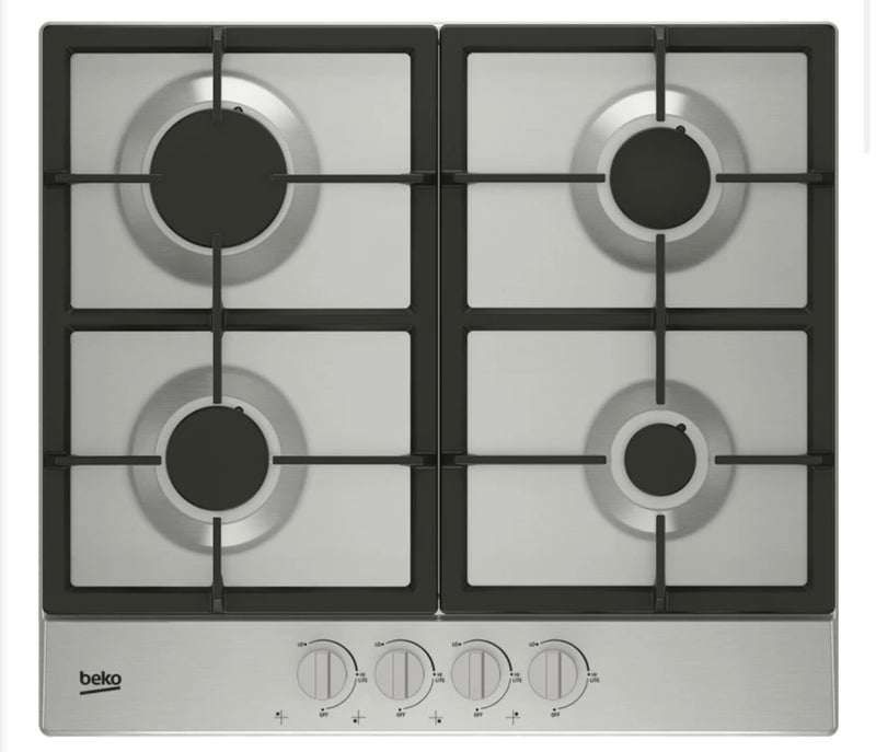 Beko 24 Inch Gas Cooktop with 4 Sealed Burners, Continuous Grates, 10,000 BTU Rapid Burner, Integrated Ignition, Cast Iron Pan Support, Front Knob Control, Gas Safety Device, and ADA Compliant